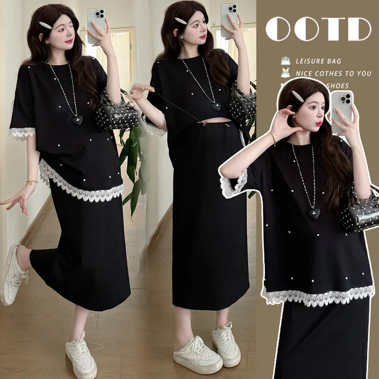 夏季新款孕妇套装时尚设计感钉珠蕾丝花边短袖上衣高腰显瘦半身裙