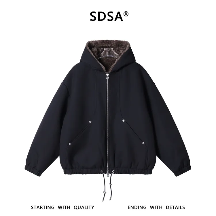 SDSA秋冬新款痞帅男装潮牌美式纯色铆钉拉链开衫连帽棉服外套百搭