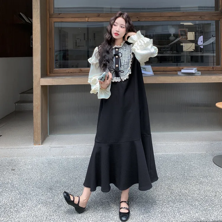 法式浪漫宫廷风气质显瘦长裙女2025秋季新款时尚假两件拼接连衣裙