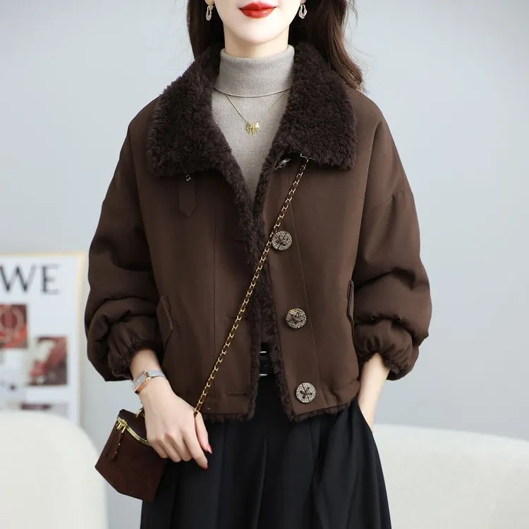 新款两面穿皮毛一体保暖女短外套时尚翻领复古韩版宽松秋冬百搭