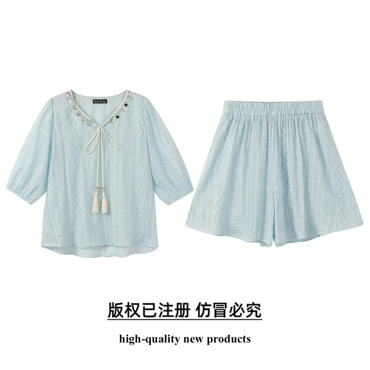 奢姿【苏黎】大码女装2025胖妹妹时尚流苏系带设计波西米亚风两件套