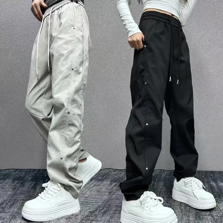 2025新款秋冬季美式铆钉阔腿加绒加厚休闲水洗做旧宽松直筒裤男