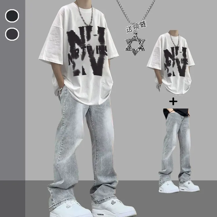 短袖套装男夏季T恤青少年港风ins潮流男装一整套搭配牛仔裤两件装
