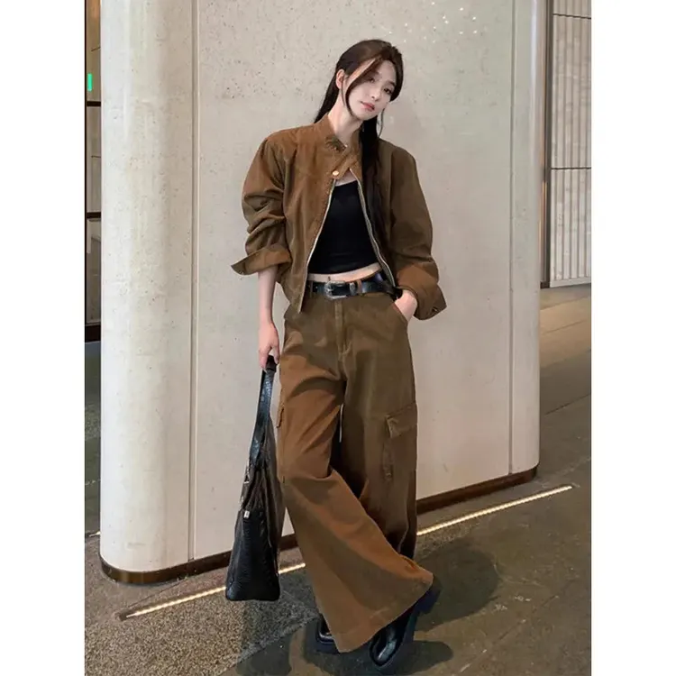 复古高级感春秋季穿搭套装女宽松显瘦工装风咖色外套阔腿裤两件套