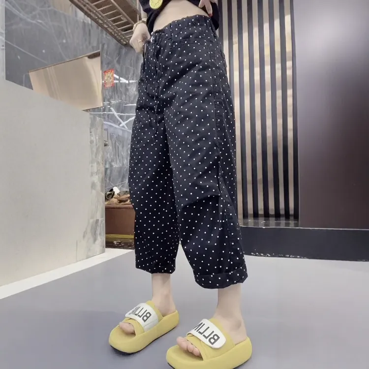 波点阔腿裤女夏季薄款大码梨形身材小个子高腰显瘦百搭九分休闲裤