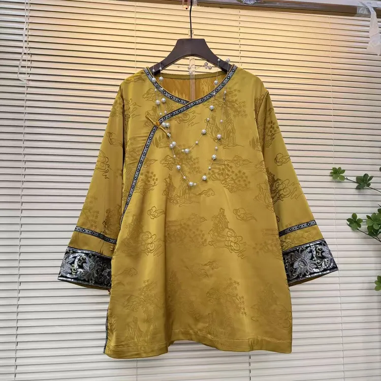 新中式大码秋季国风提花盘扣显瘦气质百搭上衣胖mm减龄好看个性