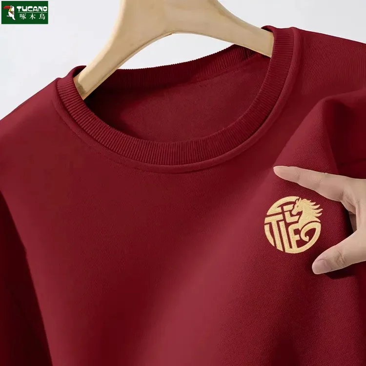 啄木鸟酒红色圆领卫衣男女款2026马年本命年衣服秋冬季喜庆加绒衣