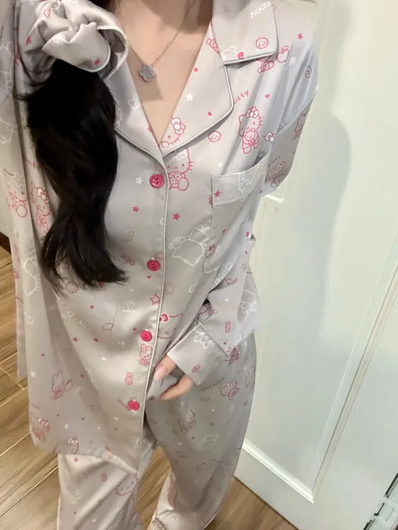 春秋夏季HelloKitty冰丝长袖睡衣女新款长裤家居服套装女生女款