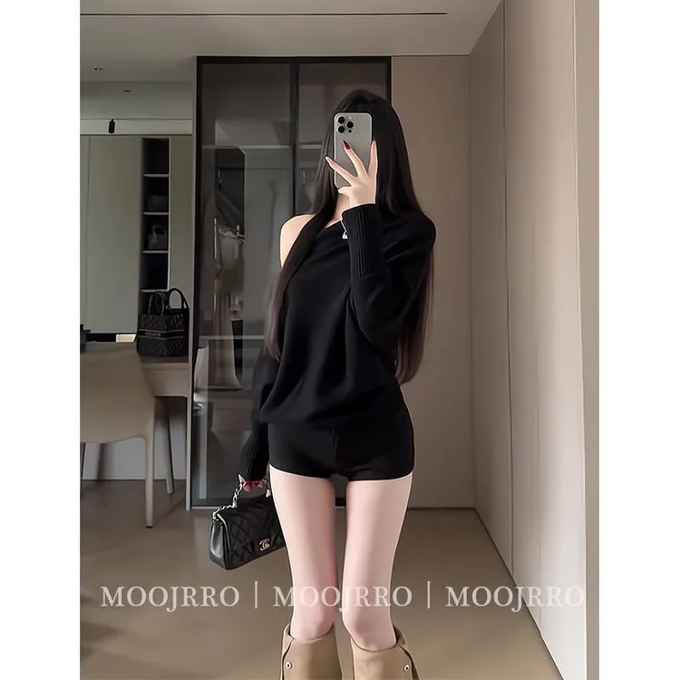 网红时尚2025新款女纯色斜肩宽松显瘦慵懒毛衣长袖气质上衣针织衫