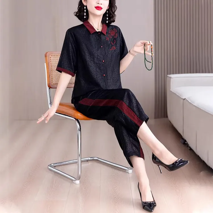 中年妈妈休闲套装女2025夏季新款复古龟裂纹衬衫哈伦裤时尚两件套