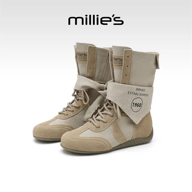 MILLIE'S/妙丽牛仔帆布短靴女透气短靴薄款中筒马丁靴户外工装靴