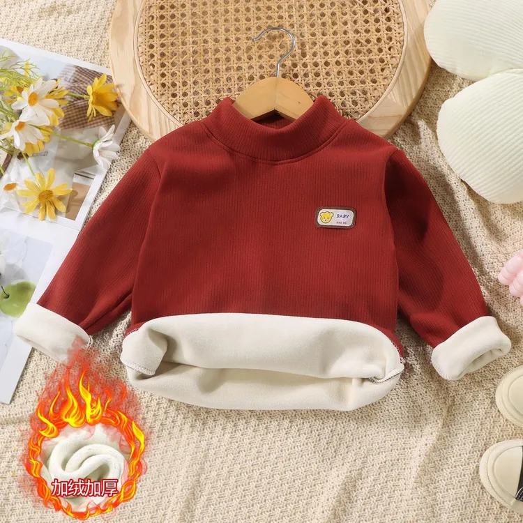 半高领加厚保暖上衣女童一体绒内搭儿童加绒打底衫男童宝宝绒上衣