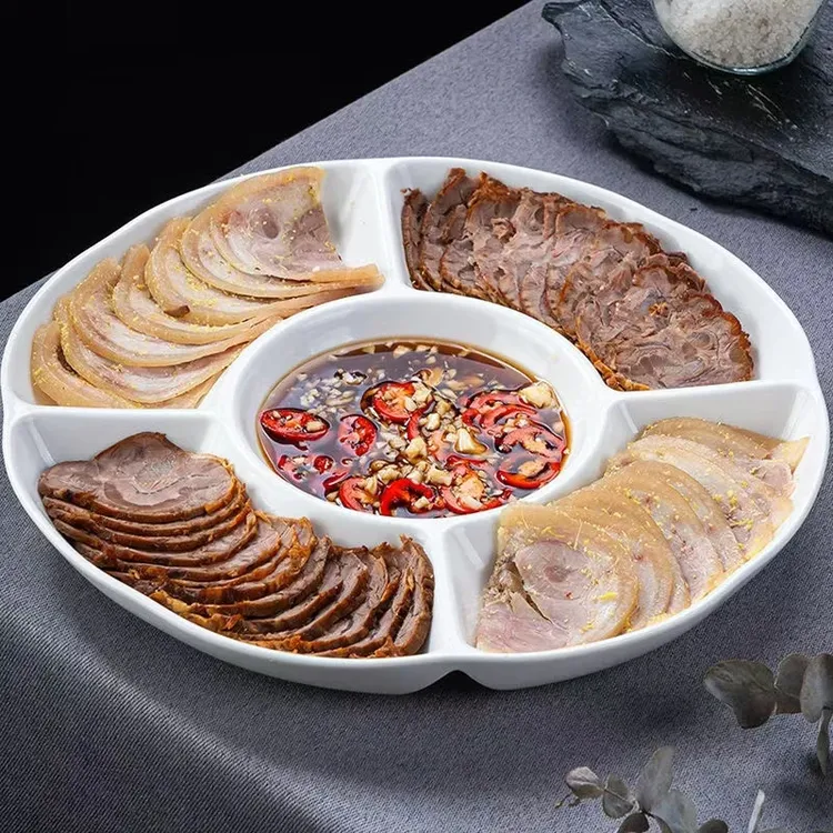 五格盘小吃盘纯白陶瓷卤水拼盘水果干果分格盘家用凉菜盘酒店饭店