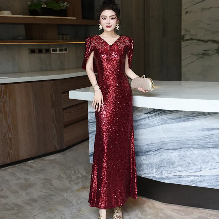 高端亮片鱼尾裙女气质优雅宴会主持人婚礼礼服长裙喜妈妈连衣裙夏