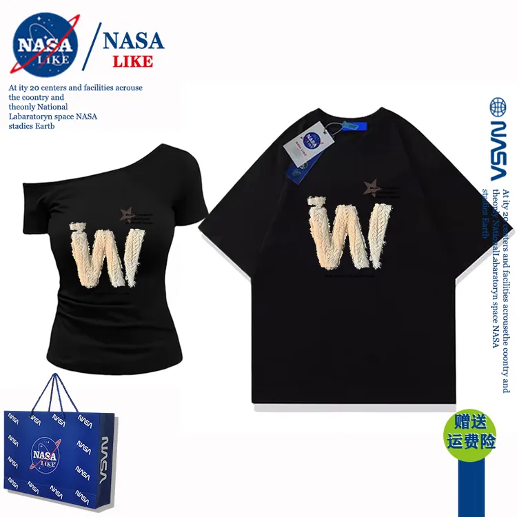 不一样情侣装一长一短2025新款夏季小众不撞款设计感斜肩短袖t恤