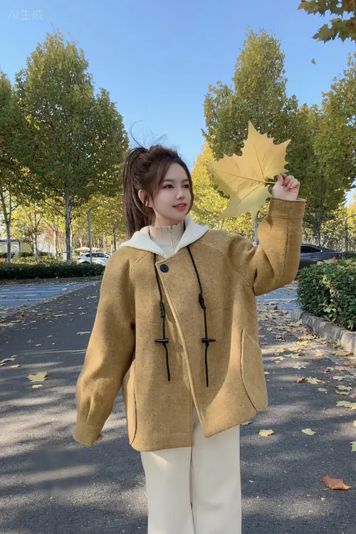 【呆呆臻选】冬季羊毛外套连帽拼接+抽绳设计亲肤时尚宽松版型 2551