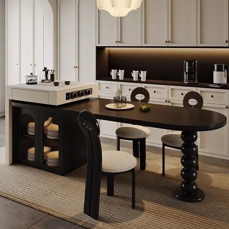 【法式风】岛台桌子餐桌一体可伸缩岩板法式实木家用中古风简约极简