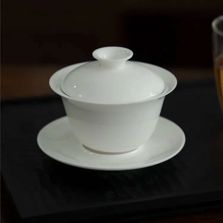 所器白瓷三才盖碗功夫茶具玉泥天地纯白盖碗泡茶碗高白瓷盖碗茶碗