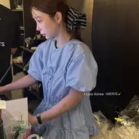 （海盐微醺）现货！韩国东大门earlobe欧尼同款短袖衬衫皱褶衬衣3187