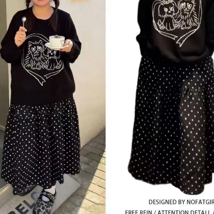 大码胖mm法式慵懒风刺绣印花圆领上衣波点半身裙显瘦通勤套装女