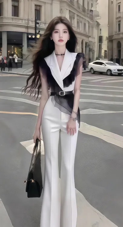 时尚新款白色无袖V领修身收腰上衣+白色百搭显瘦长裤女高级两件套