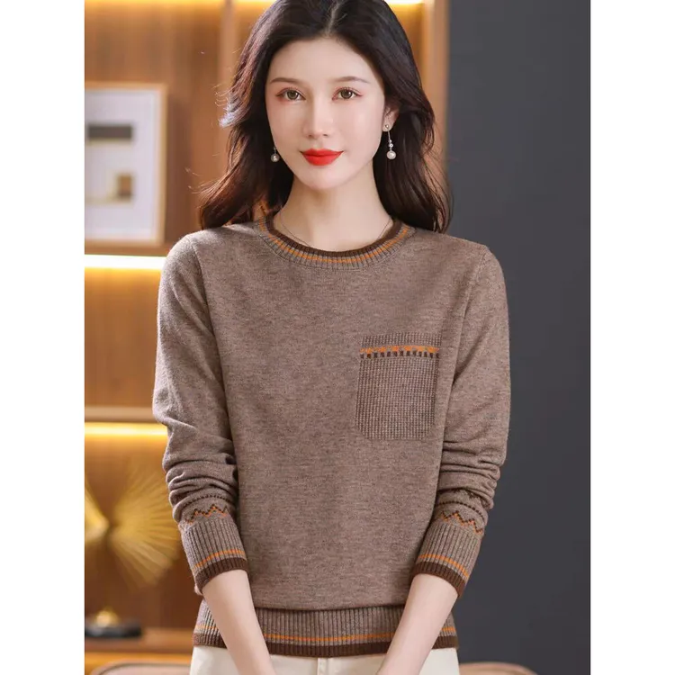 圆领长袖针织上衣打底衫女秋冬季新款洋气减龄设计感保暖针织毛衣
