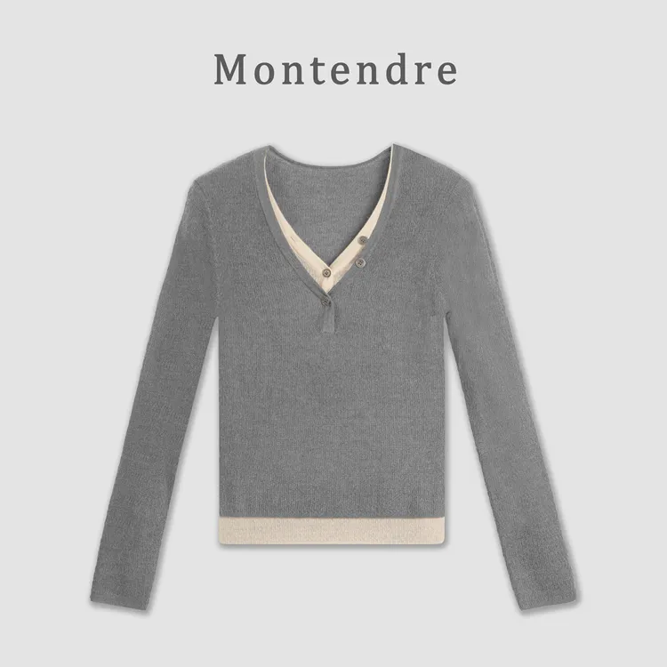 【MonTendre】秋季新款 C 时尚简约V领撞色假两件设计针织衫上衣女