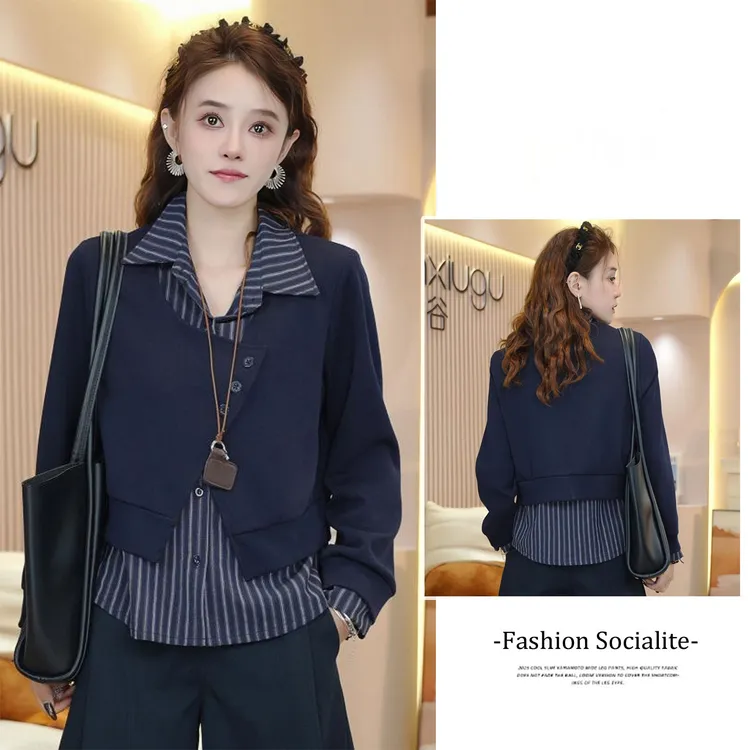 La babite时尚假两件衬衫秋季新款设计感百搭宽松显瘦拼接上衣