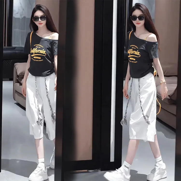 夏日斜肩撞色时尚字母短袖T恤高腰百搭六分裤子小众减龄两件套装