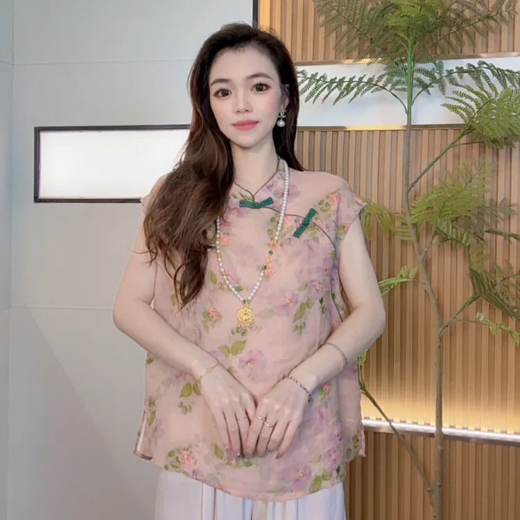 新中式斜襟盘扣无袖衬衫女夏季宽松短款改良旗袍上衣