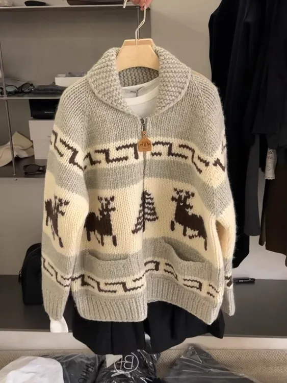 2025费尔岛拉链针织开衫女秋冬季慵懒风松弛感复古风毛衣外套上衣