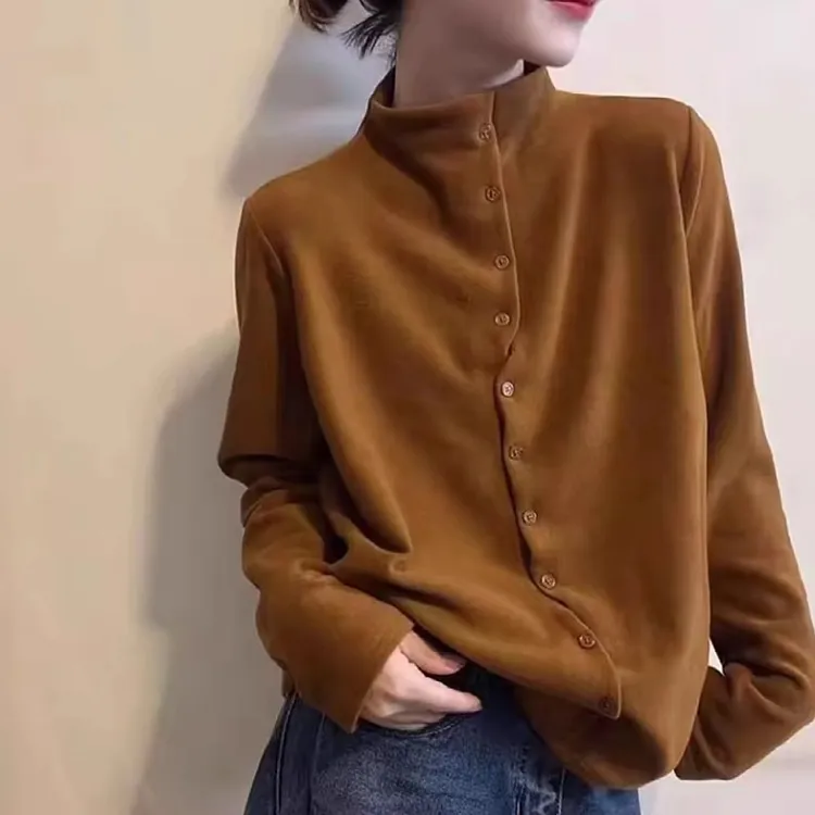 复古简约风半高领打底T恤秋冬新款胖MM大码女装显瘦纽扣长袖上衣