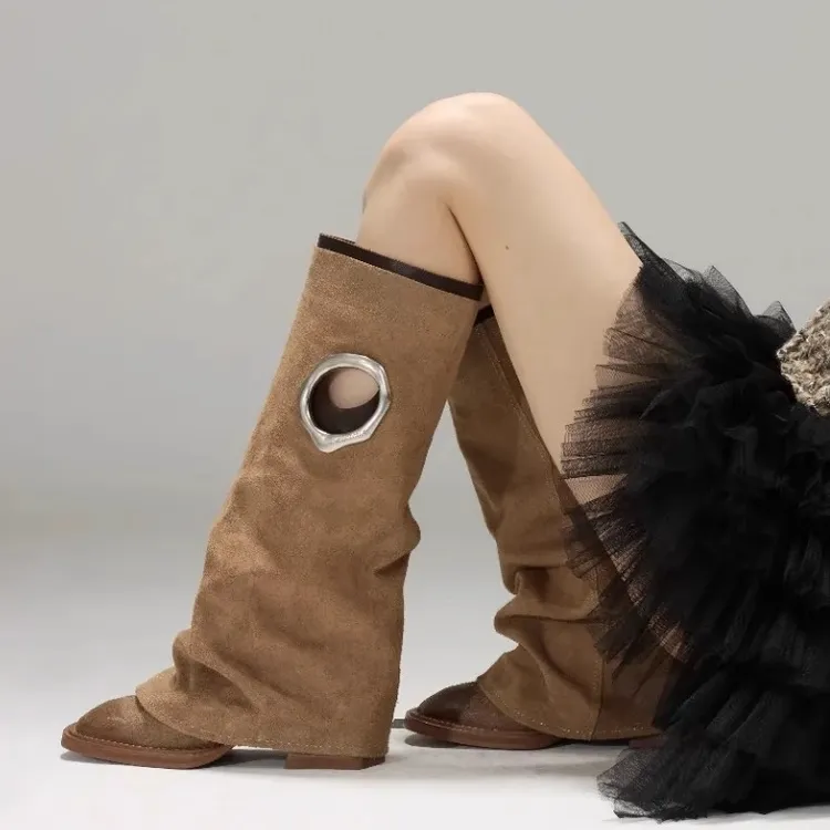 孟子义同款复古方头西部牛仔靴百搭粗跟裤管靴小众设计显瘦长筒靴