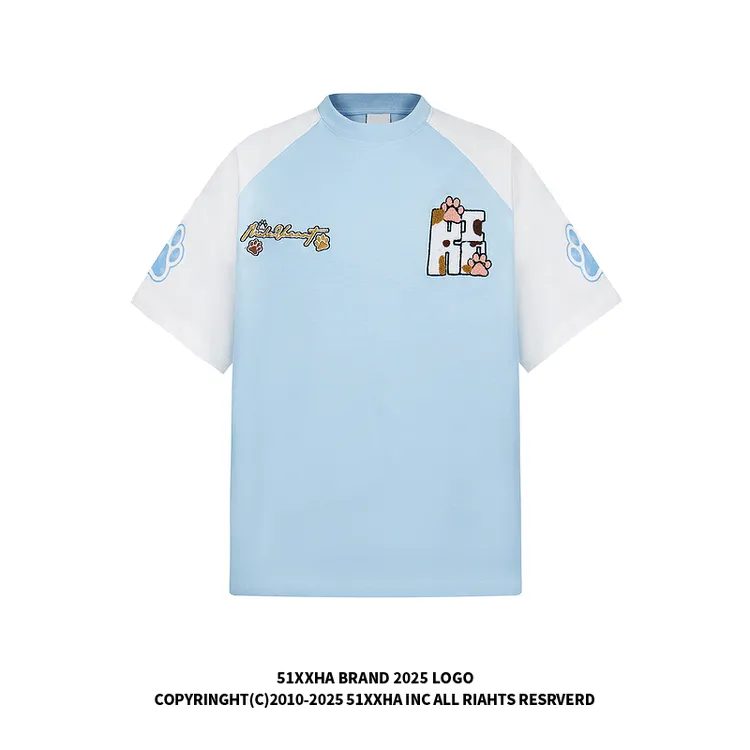 51嘻哈美式复古字母植绒插肩短袖T恤男夏季宽松慵懒风情侣半截袖