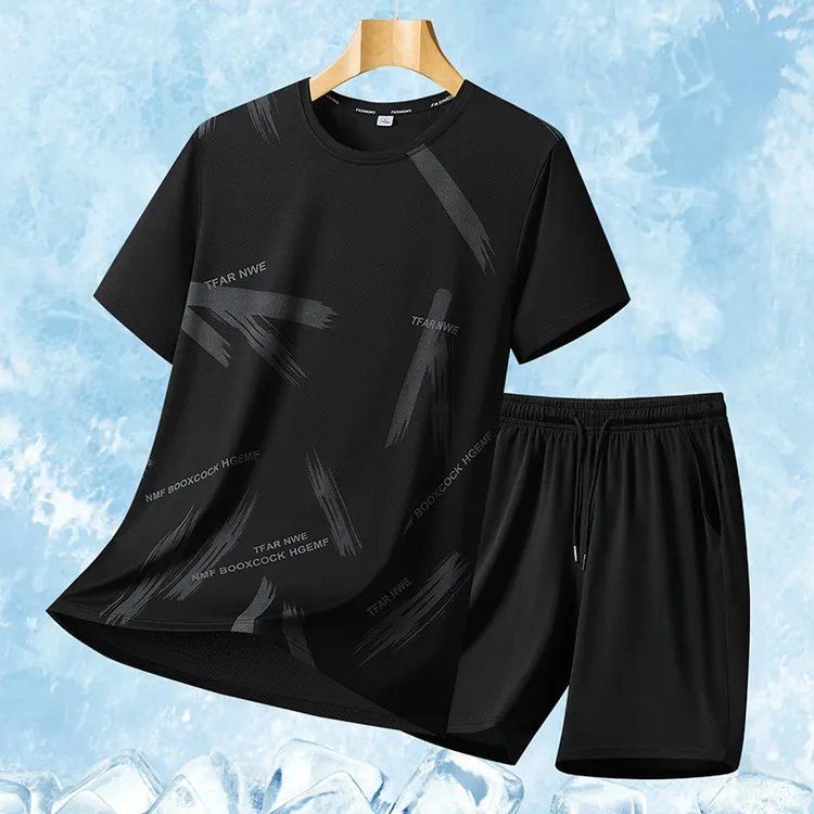 2025新款夏季男真冰丝短袖套装男装短T短裤两件套裤运动休闲套装