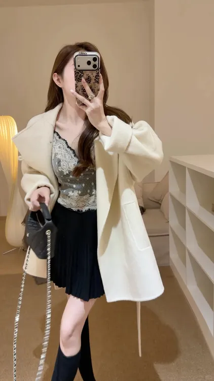 时尚气质套装宽松毛呢开衫外套女内搭背心秋冬高腰百褶短裙三件套