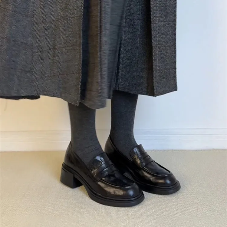 自留版~新款复古粗跟乐福鞋女一脚蹬圆头单鞋软皮通勤懒人小皮鞋