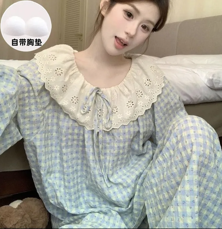2025新款居家宽松时尚带胸垫小香风春秋韩版甜美娃娃领格子公主风