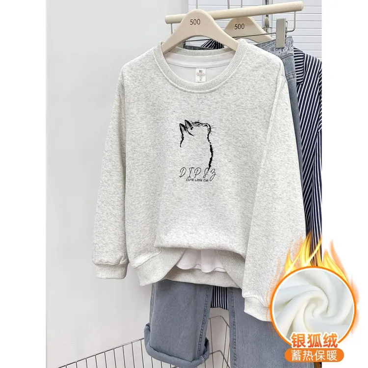 白灰色加绒加厚圆领正肩卫衣女装冬季新款韩版慵懒风宽松大码上衣