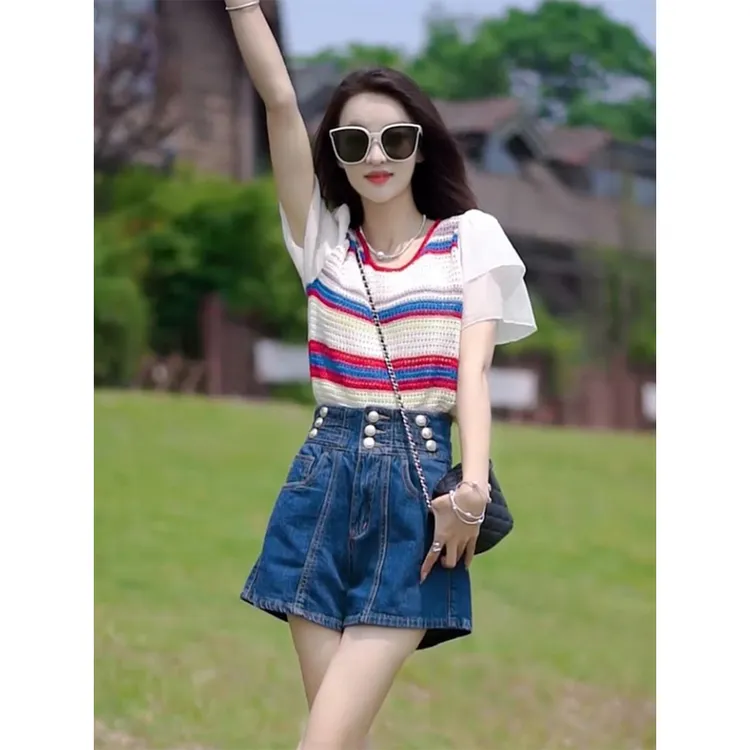 蕾丝袖镂空针织T恤女2025年夏季新款薄款条纹撞色拼接短袖上衣女