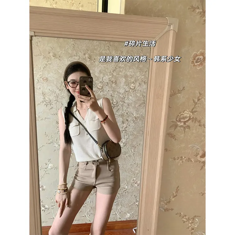 老钱风套装气质翻领无袖背心女夏季高腰卡其色短裤休闲裤子两件套
