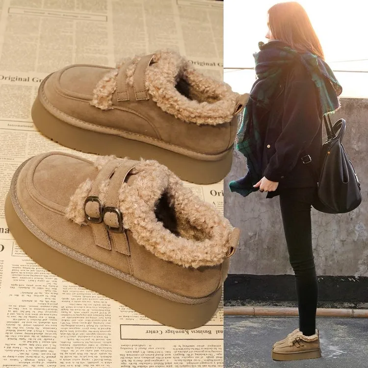 真皮勃肯鞋女加绒厚底雪地靴2025年新款冬季小个子增高棉鞋面包鞋