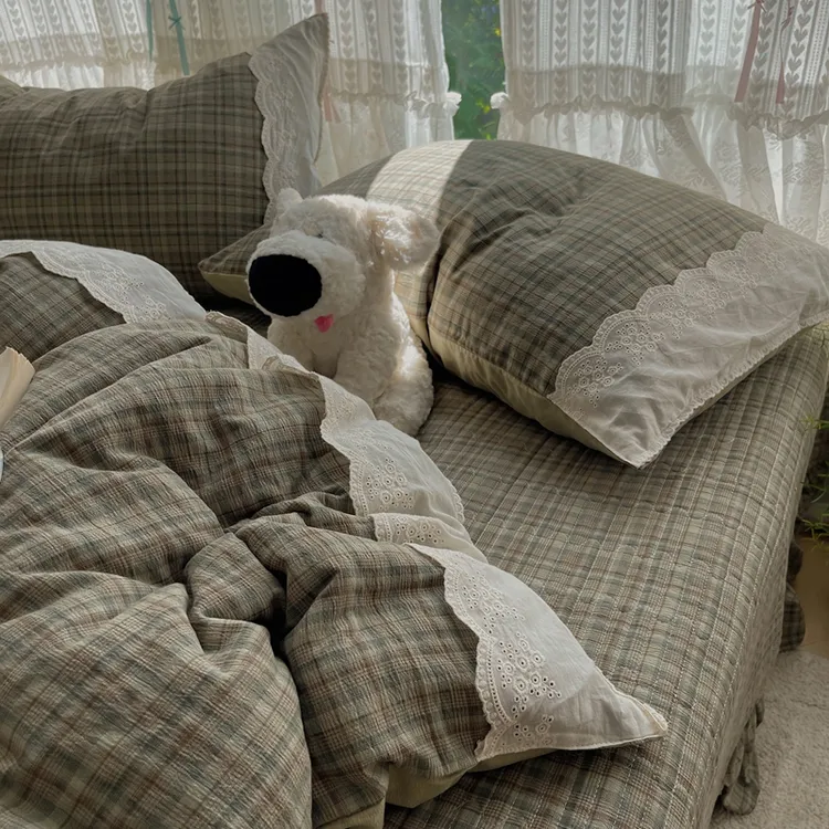 ins法式复古风双层纱床盖四件套非全棉皱皱纱花边被套床单三件套