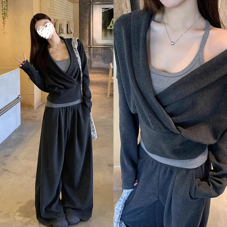 V领长袖卫衣外套吊带背心宽松长裤套装女81566+81590+81591