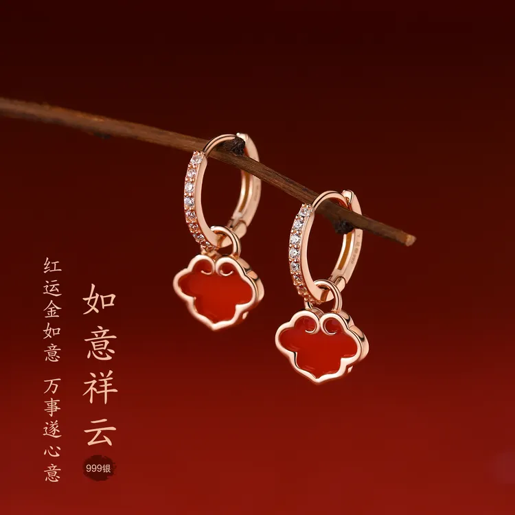 足银耳饰 999纯银如意耳环本命年红色耳圈2026马过新年小众耳钉女