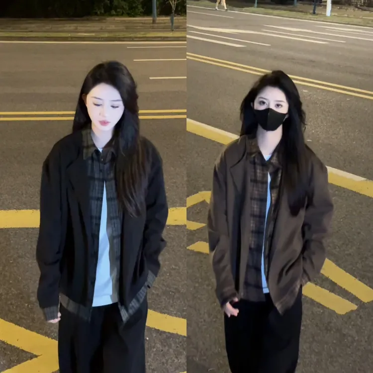 【秋季新款】假两件拼接衬衫领外套开衫外套男女款复古百搭休闲上衣
