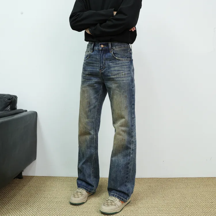 SYBBZ 街头复古做旧个性泼漆男款宽松微喇牛仔裤水洗蓝色百搭长裤