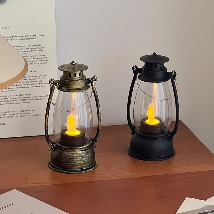 复古摇摆烛光风灯马灯摆件露营手提小夜灯ins卧室led装饰氛围灯