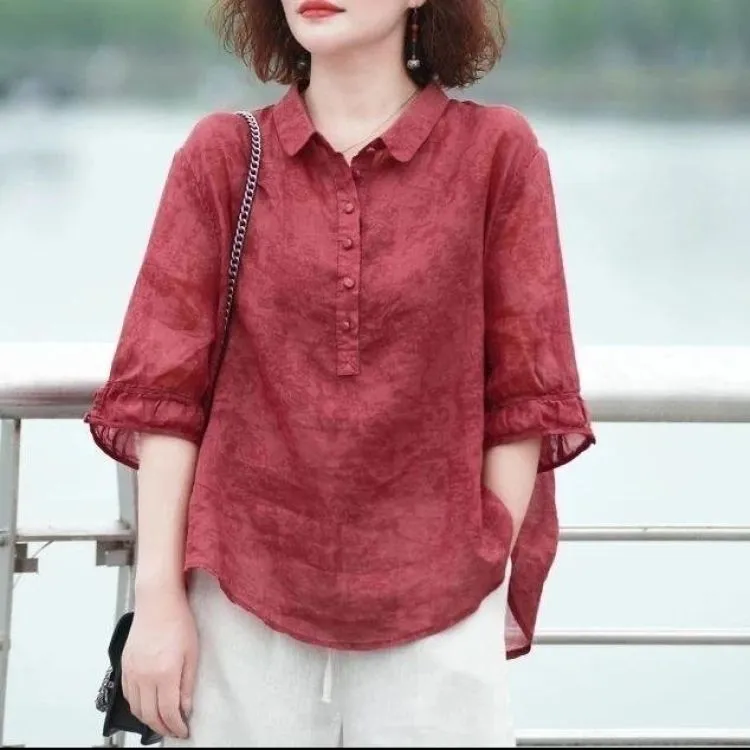 夏季薄款五分袖上衣小衫妈妈装洋气衬衫女新款夏季清凉一夏宽松