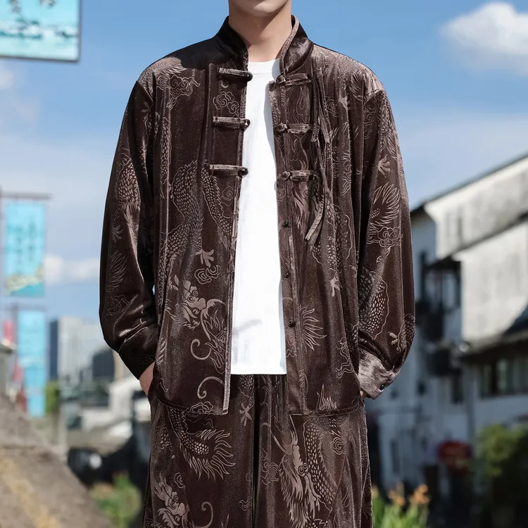 中国风男装棕咖色金丝绒汉服外套男秋冬季新中式潮牌唐装复古夹克